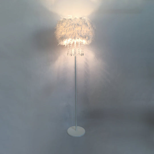 Modern Feather Drum Standing Floor Light: 16"/18" W, 1-Head White Floor Lamp with or without Draping Crystal