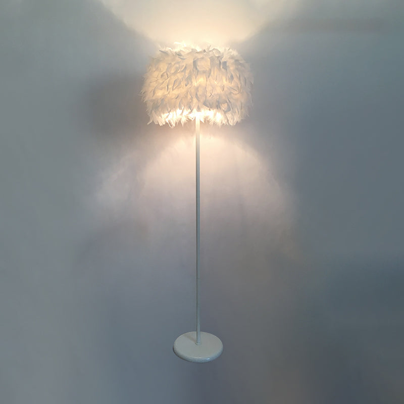 Modern Feather Drum Standing Floor Light: 16"/18" W, 1-Head White Floor Lamp with or without Draping Crystal