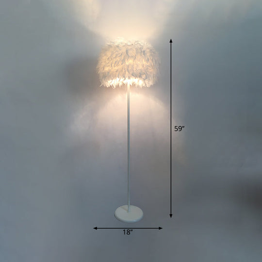 Modern Feather Drum Standing Floor Light: 16"/18" W, 1-Head White Floor Lamp with or without Draping Crystal