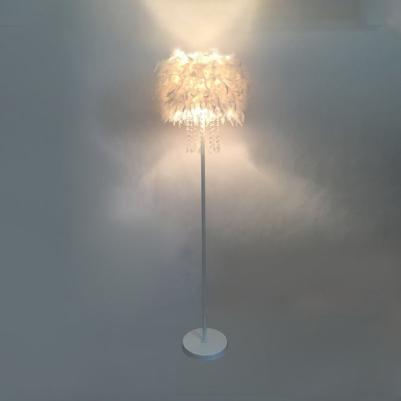 Modern Feather Drum Standing Floor Light: 16"/18" W, 1-Head White Floor Lamp with or without Draping Crystal