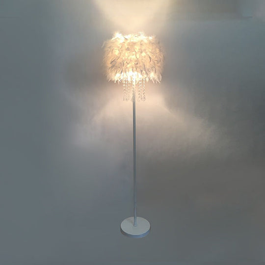 Modern Feather Drum Standing Floor Light: 16"/18" W, 1-Head White Floor Lamp with or without Draping Crystal