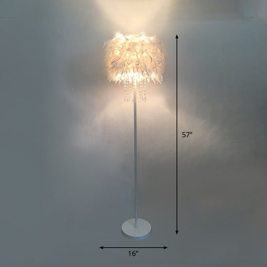 Modern Feather Drum Standing Floor Light: 16"/18" W, 1-Head White Floor Lamp with or without Draping Crystal