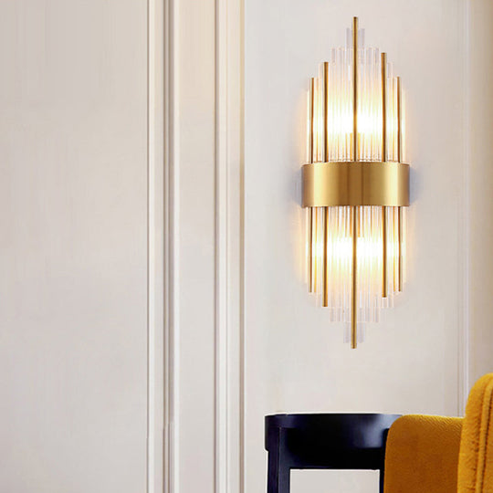Gold Cylinder/Tapered Wall Sconce: Prismatic Crystal Flush Mount Light for Living Room (2-Light)