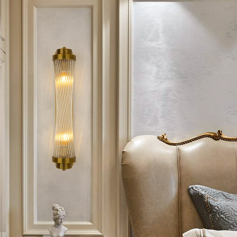 Postmodern Gold Wall Sconce with Clear Fluted Glass - 2 Lights, Tubular Design