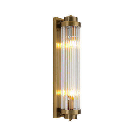 Postmodern Gold Wall Sconce with Clear Fluted Glass - 2 Lights, Tubular Design