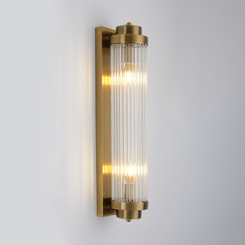 Postmodern Gold Wall Sconce with Clear Fluted Glass - 2 Lights, Tubular Design
