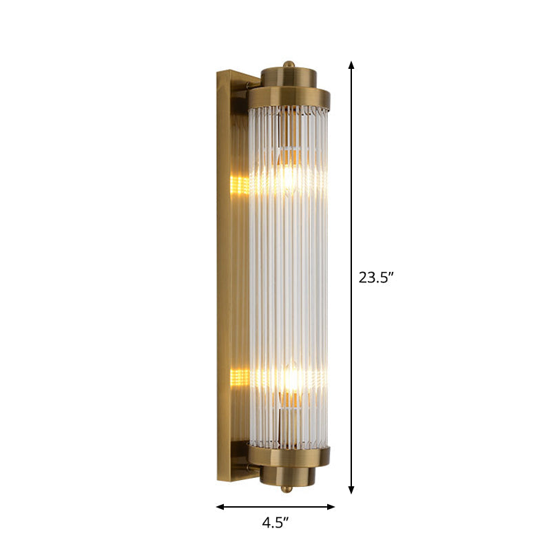 Postmodern Gold Wall Sconce with Clear Fluted Glass - 2 Lights, Tubular Design
