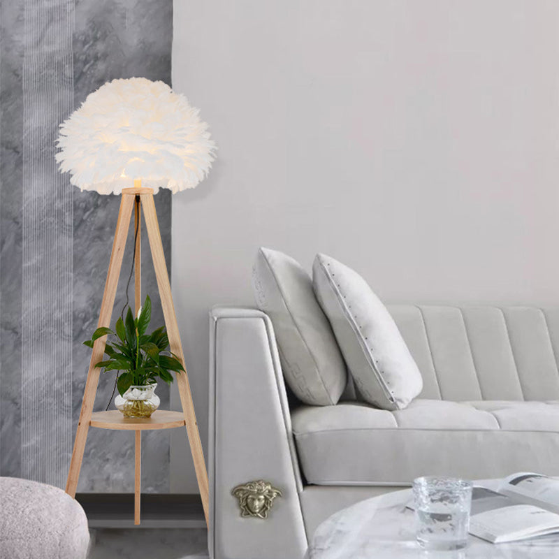 Nordic Wood Shelf Floor Lamp with Feather Dome Shade - Grey/White