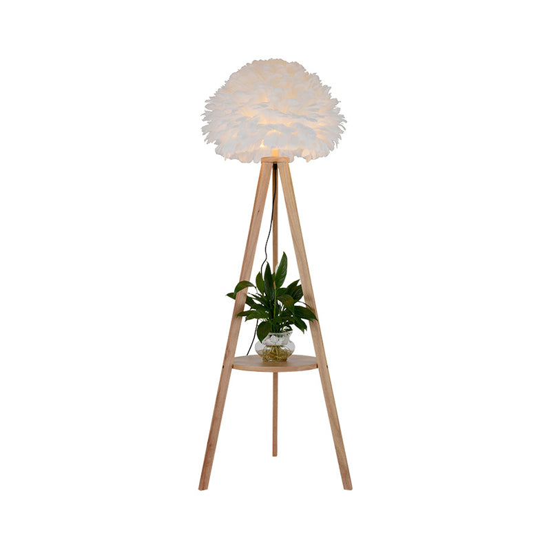 Nordic Wood Shelf Floor Lamp with Feather Dome Shade - Grey/White