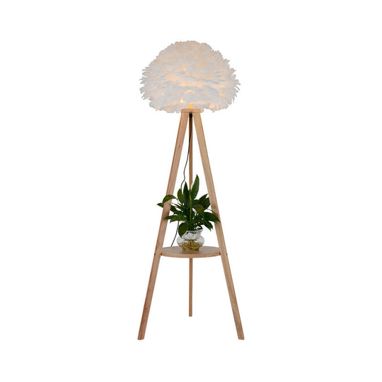 Nordic Wood Shelf Floor Lamp with Feather Dome Shade - Grey/White
