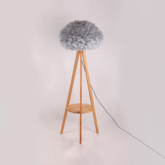 Nordic Wood Shelf Floor Lamp with Feather Dome Shade - Grey/White
