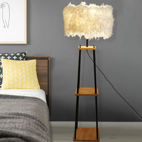 Nordic 2-Tier Wood Floor Lamp with Feather Shade - Grey/White