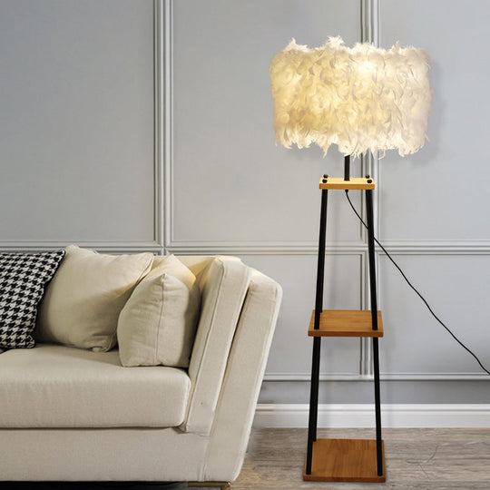 Nordic 2-Tier Wood Floor Lamp with Feather Shade - Grey/White
