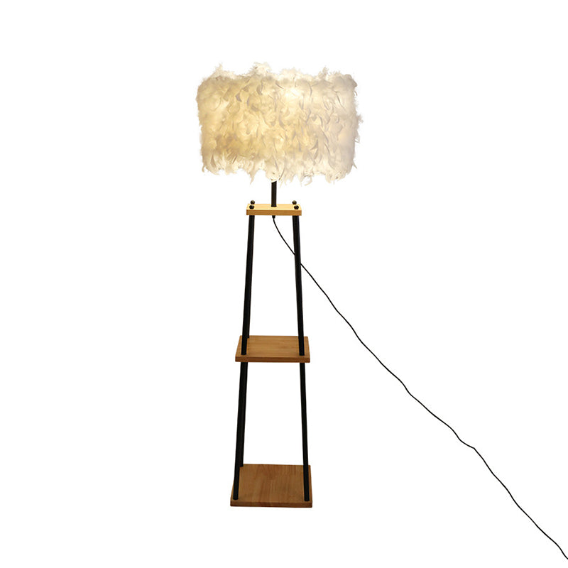 Nordic 2-Tier Wood Floor Lamp with Feather Shade - Grey/White