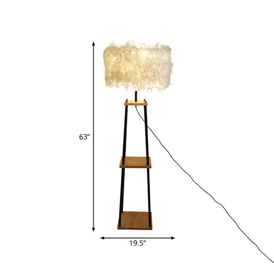 Nordic 2-Tier Wood Floor Lamp with Feather Shade - Grey/White