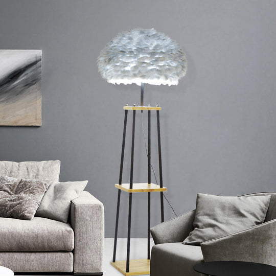 Nordic 2-Tier Wood Floor Lamp with Feather Shade - Grey/White