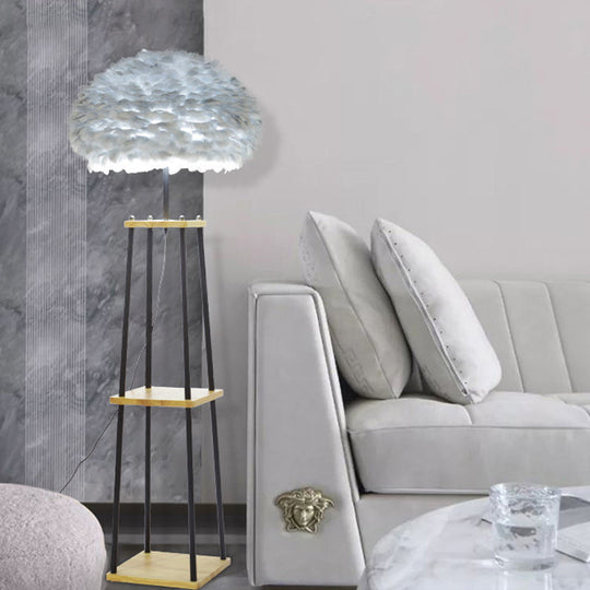 Nordic 2-Tier Wood Floor Lamp with Feather Shade - Grey/White