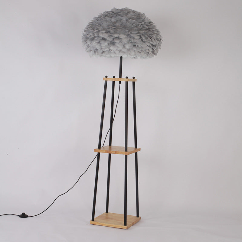 Nordic 2-Tier Wood Floor Lamp with Feather Shade - Grey/White