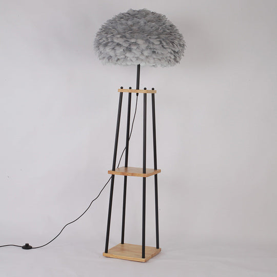 Nordic 2-Tier Wood Floor Lamp with Feather Shade - Grey/White
