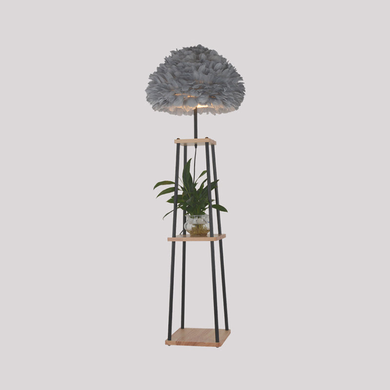 Nordic 2-Tier Wood Floor Lamp with Feather Shade - Grey/White