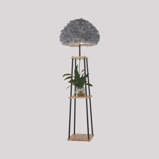 Nordic 2-Tier Wood Floor Lamp with Feather Shade - Grey/White