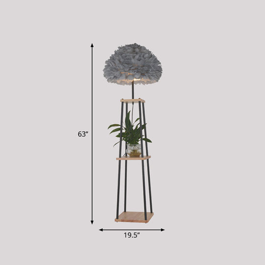 Nordic 2-Tier Wood Floor Lamp with Feather Shade - Grey/White