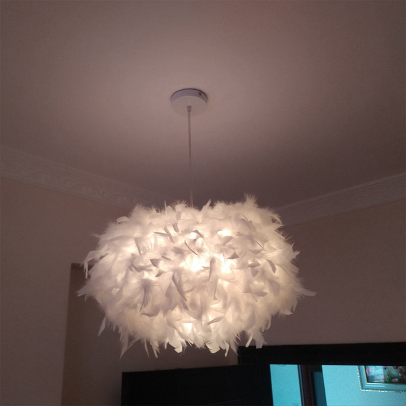 Modern Spherical Feather Pendant Light Fixture - White, 1-Bulb, 18"/21.5" Width - Ideal for Dining Room Suspension