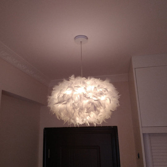 Modern Spherical Feather Pendant Light Fixture - White, 1-Bulb, 18"/21.5" Width - Ideal for Dining Room Suspension