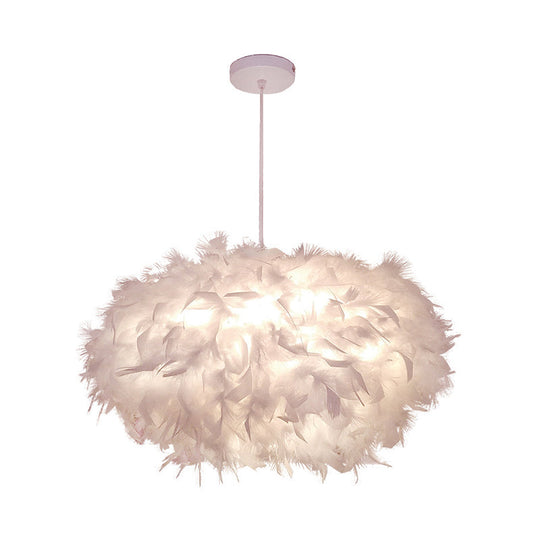 Modern Spherical Feather Pendant Light Fixture - White, 1-Bulb, 18"/21.5" Width - Ideal for Dining Room Suspension