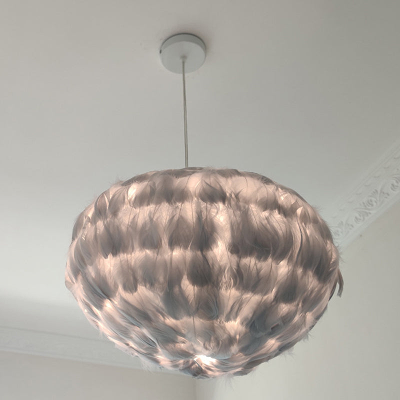 Globe Feather Suspension Lamp: Simple Style Hanging Pendant in Grey/White/Pink
