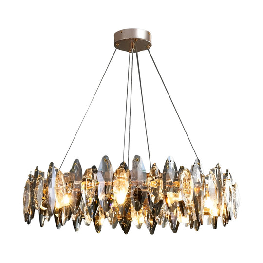 Round Iron LED Oval Crystal Decor Smoke Gray Modern Chandelier Light