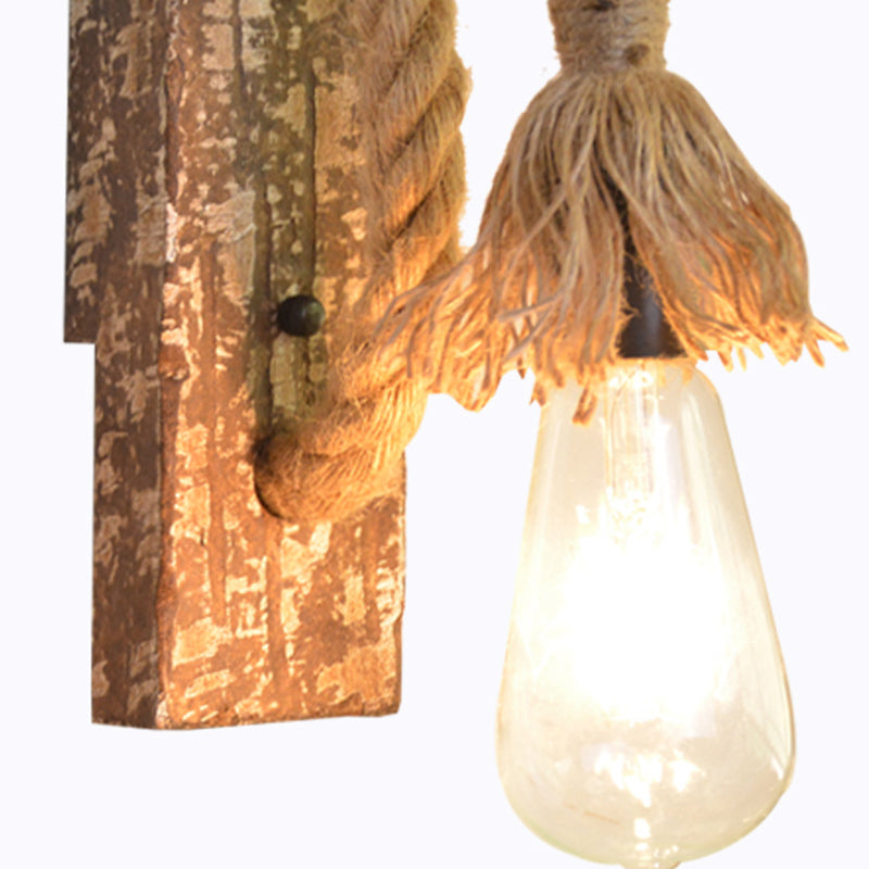 Bare Bulb Wall Light Fixture – Beige Jute Rope, Wood Backplate – Warehouse Style