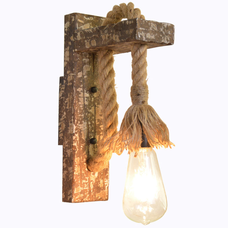 Bare Bulb Wall Light Fixture – Beige Jute Rope, Wood Backplate – Warehouse Style