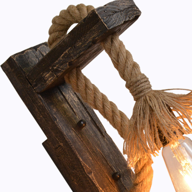 Farm Style Wood Wall Mounted Lamp: Rustic Hanging Light in Brown with Rope Detail & 1 Bulb