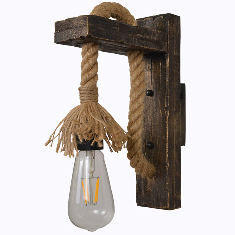 Farm Style Wood Wall Mounted Lamp: Rustic Hanging Light in Brown with Rope Detail & 1 Bulb
