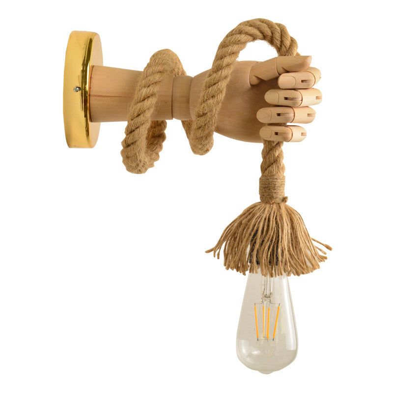 Rustic Exposed Bulb 1-Light Wall Sconce with Jute Rope and Metal Backplate in Beige