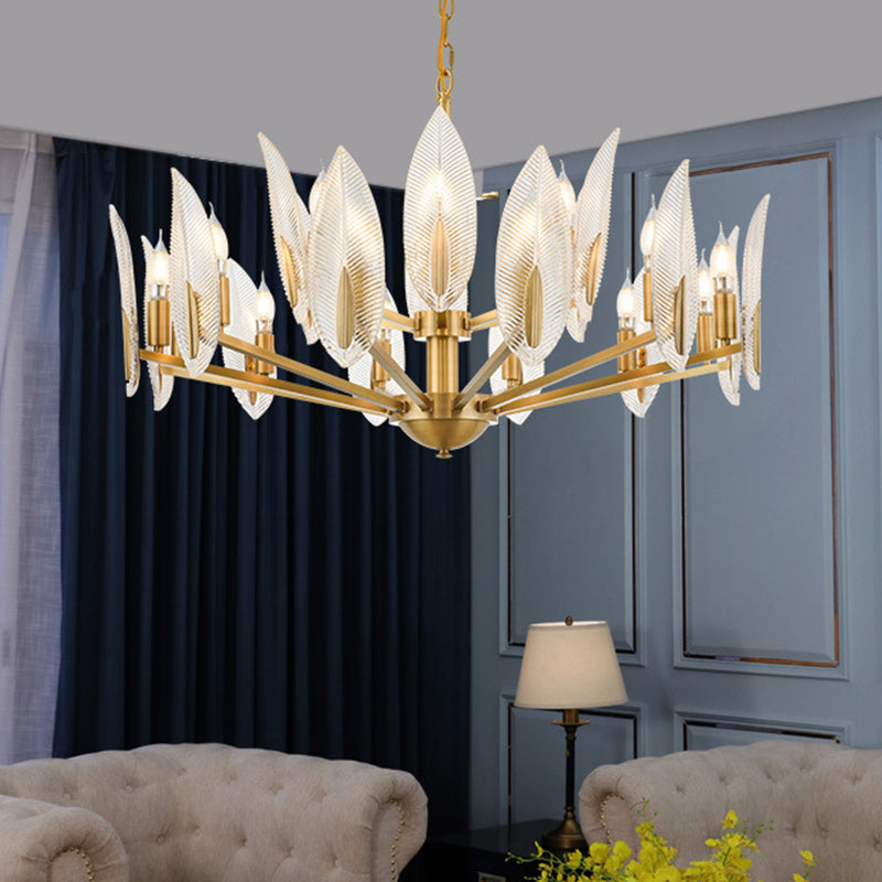 Postmodern Crystal Living Room Chandelier: Leaf-Shaped, Brass Finish, 6/8/18 Lights