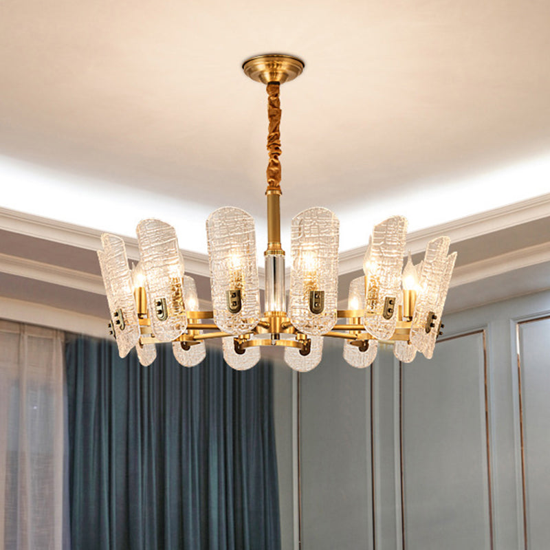 Postmodern Brass Chandelier with Clear Crackle Glass and 14/16 Heads - Oval Pendant Ceiling Light