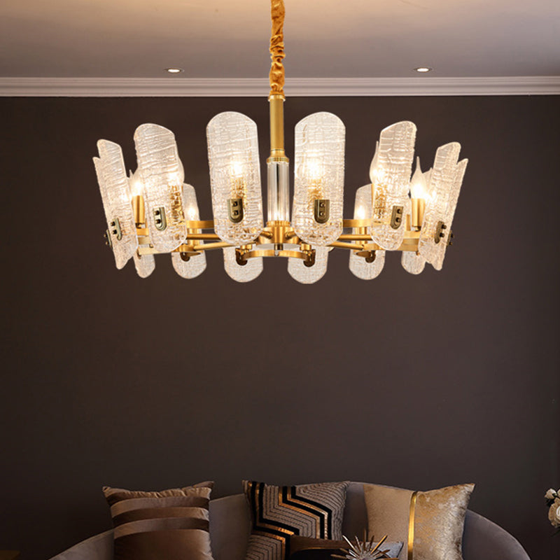 Postmodern Brass Chandelier with Clear Crackle Glass and 14/16 Heads - Oval Pendant Ceiling Light