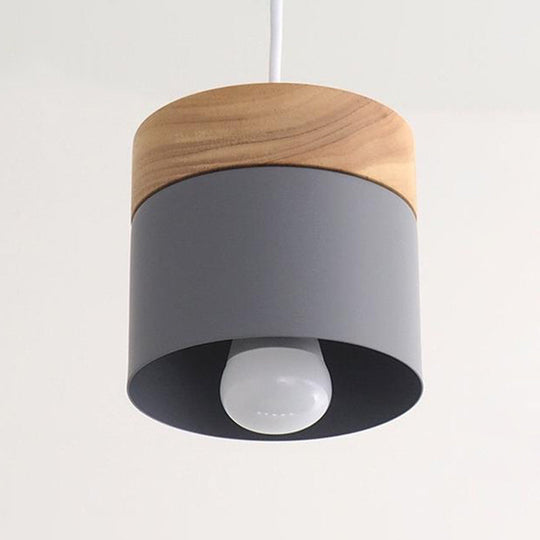 Sleek Metal Cylinder Pendant Lamp with Wood Top - 1-Bulb Down Lighting for Dining Room