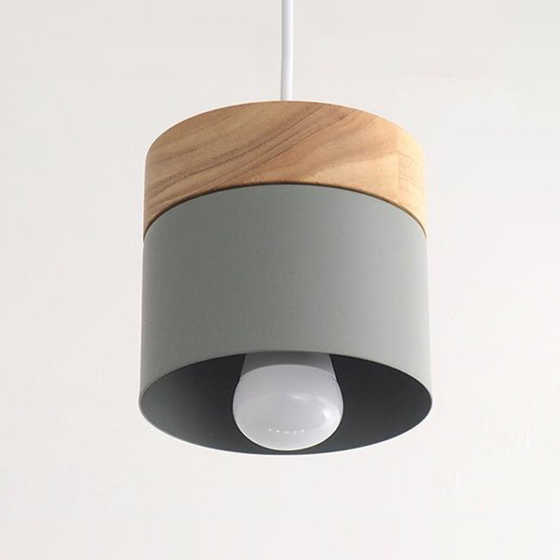 Sleek Metal Cylinder Pendant Lamp with Wood Top - 1-Bulb Down Lighting for Dining Room