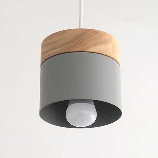 Sleek Metal Cylinder Pendant Lamp with Wood Top - 1-Bulb Down Lighting for Dining Room