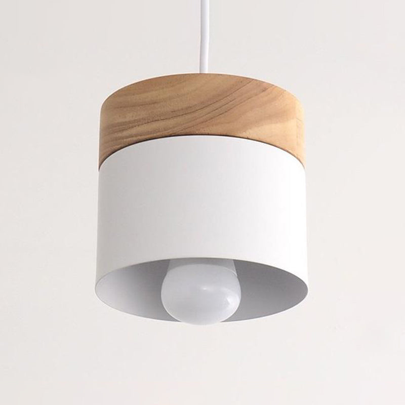 Sleek Metal Cylinder Pendant Lamp with Wood Top - 1-Bulb Down Lighting for Dining Room
