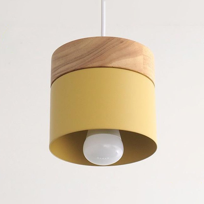 Sleek Metal Cylinder Pendant Lamp with Wood Top - 1-Bulb Down Lighting for Dining Room
