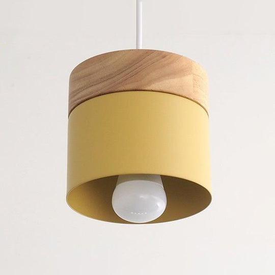 Sleek Metal Cylinder Pendant Lamp with Wood Top - 1-Bulb Down Lighting for Dining Room