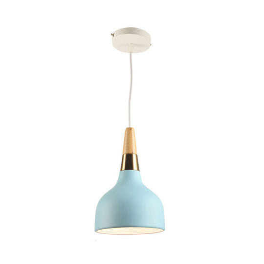 Blue Metal Bowl Pendant Light with Wood Top - Modernist Design