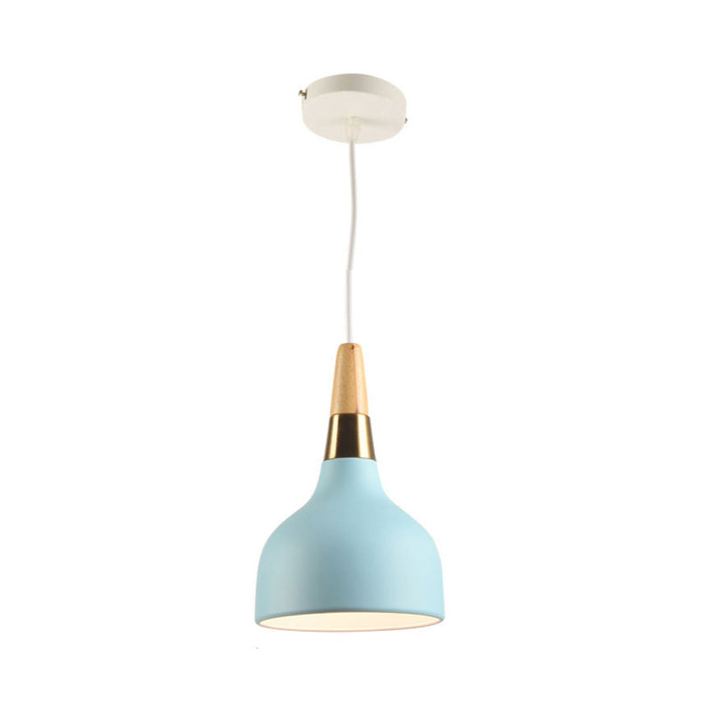 Blue Metal Bowl Pendant Light with Wood Top - Modernist Design
