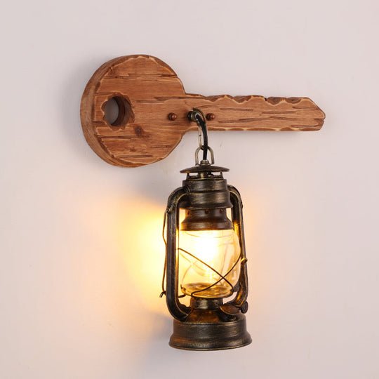 Industrial Brown Kerosene Wall Mount Lamp with Clear Glass & Wood Backplate - 1 Bulb Wall Light Fixture