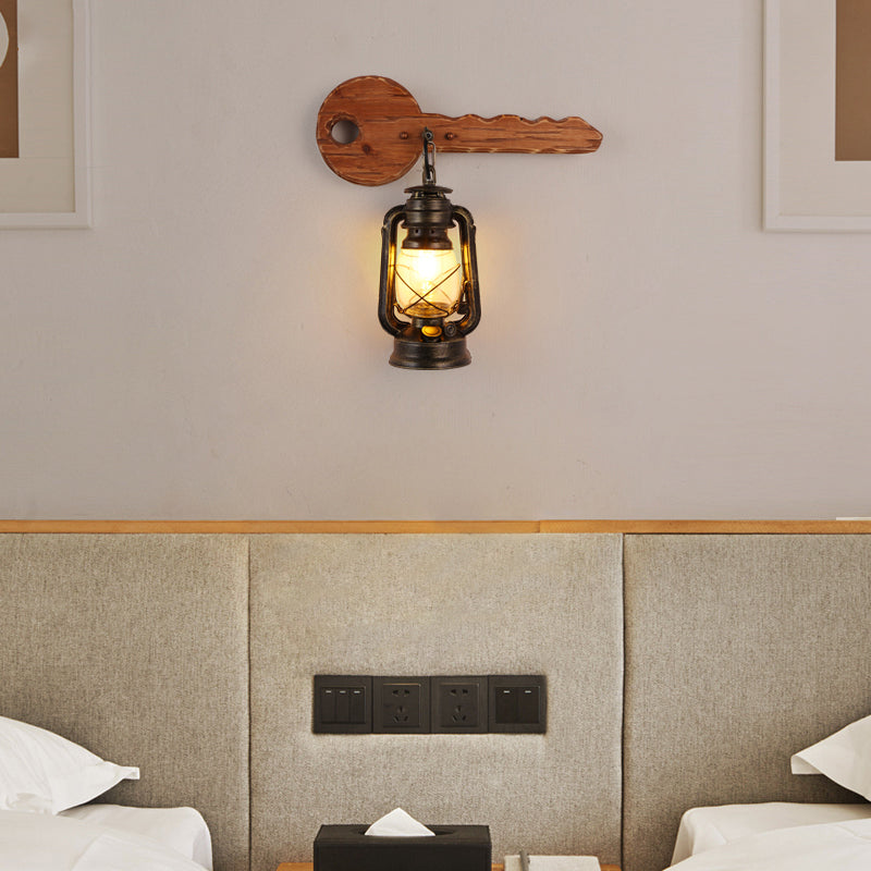 Industrial Brown Kerosene Wall Mount Lamp with Clear Glass & Wood Backplate - 1 Bulb Wall Light Fixture
