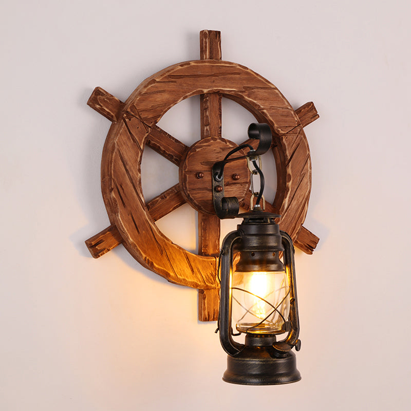 Industrial Brown Kerosene Wall Mount Lamp with Clear Glass & Wood Backplate - 1 Bulb Wall Light Fixture